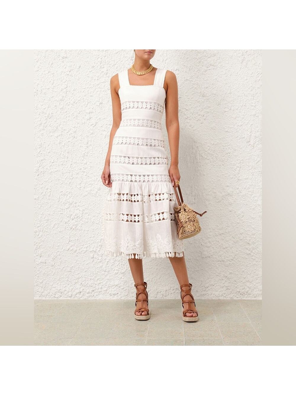 Zimmermann Pop Trimmed White Lace Midi Dress
